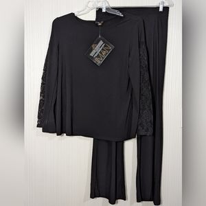 IMAN 2 Pc Wide Sleeve Shirt w/ Lace, Elastic Waist Pants, Sz M